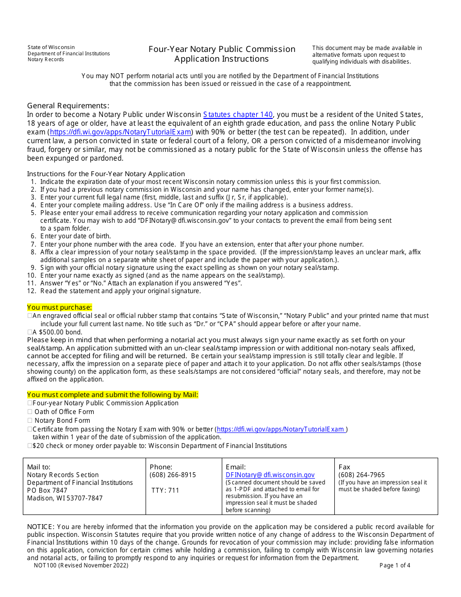 Form NOT100 Four-Year Notary Public Commission Application - Wisconsin, Page 1