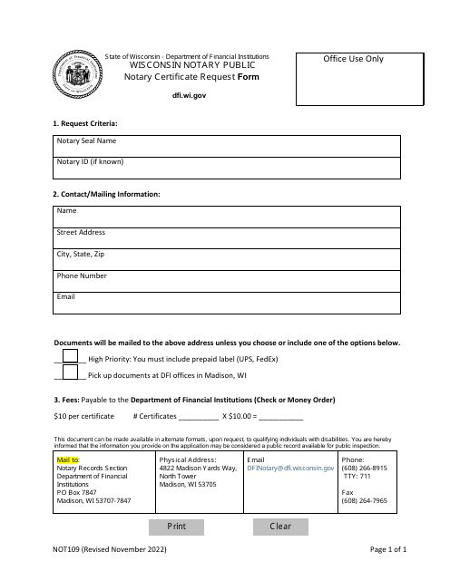 Form NOT109 Notary Certificate Request Form - Wisconsin