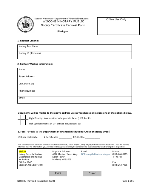 Form NOT109  Printable Pdf