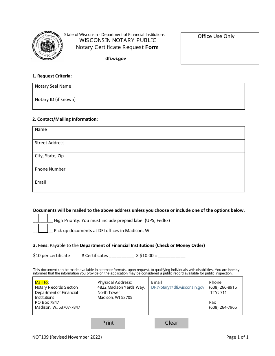 Form NOT109 Notary Certificate Request Form - Wisconsin, Page 1