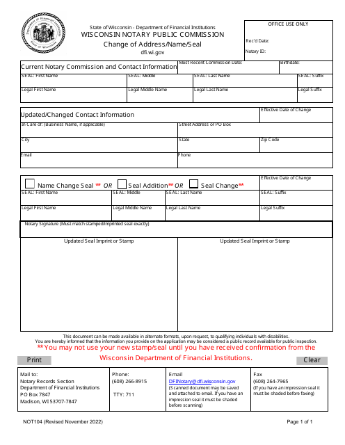 Form NOT104 Change of Address/Name/Seal - Wisconsin