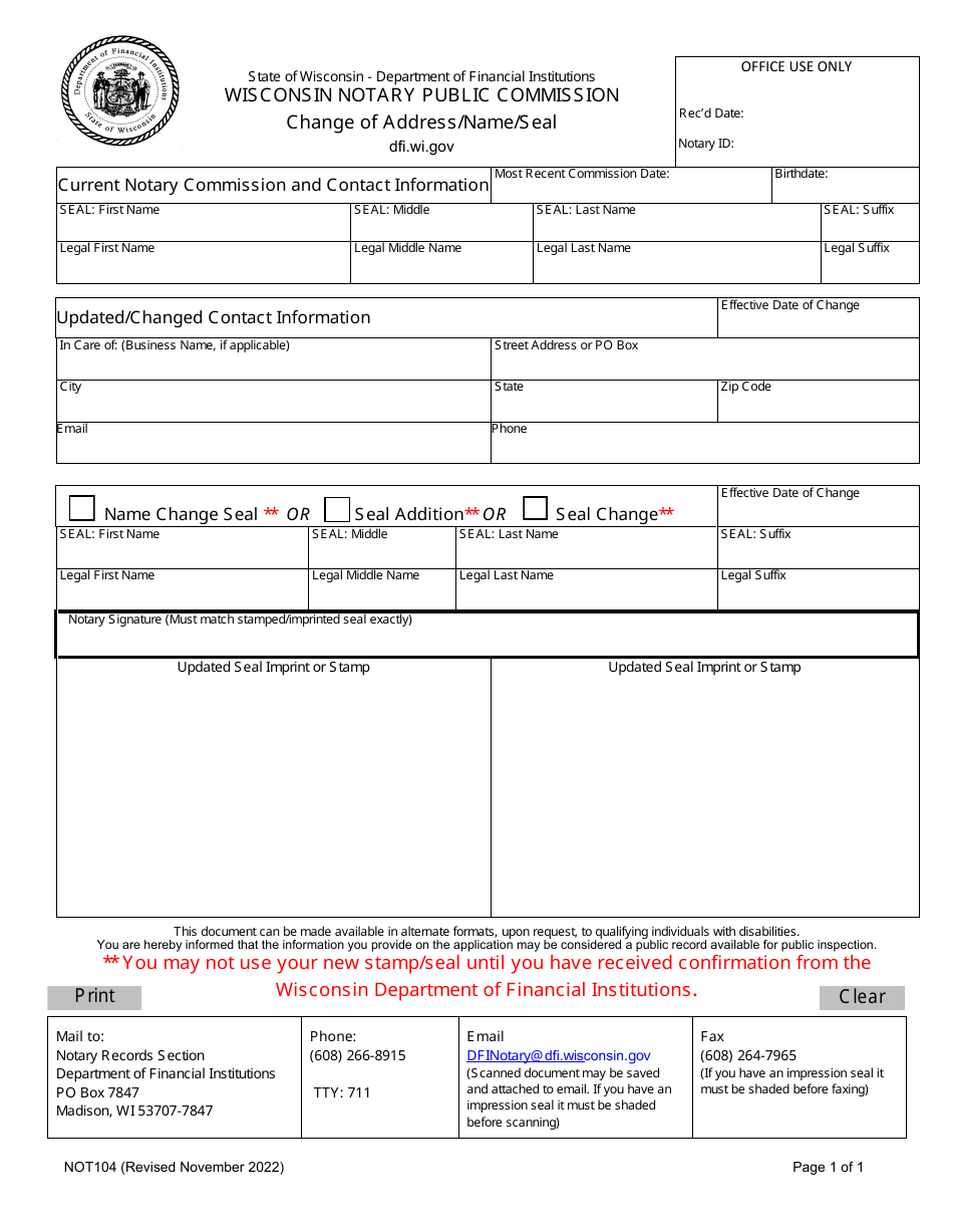 Form NOT104 Change of Address / Name / Seal - Wisconsin, Page 1