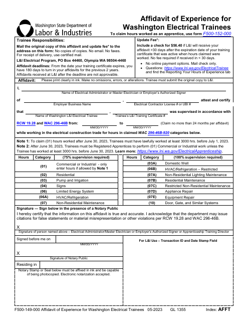 Form F500-149-000 Affidavit of Experience for Washington Electrical Trainees - Washington