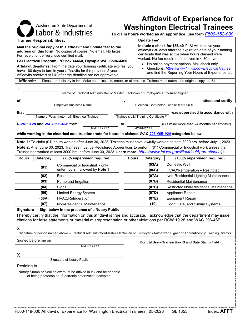 Form F500-149-000 Affidavit of Experience for Washington Electrical Trainees - Washington, Page 1