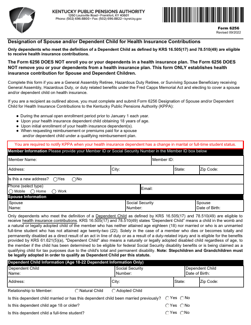 Form 6256 Designation of Spouse and/or Dependent Child for Health Insurance Contributions - Kentucky