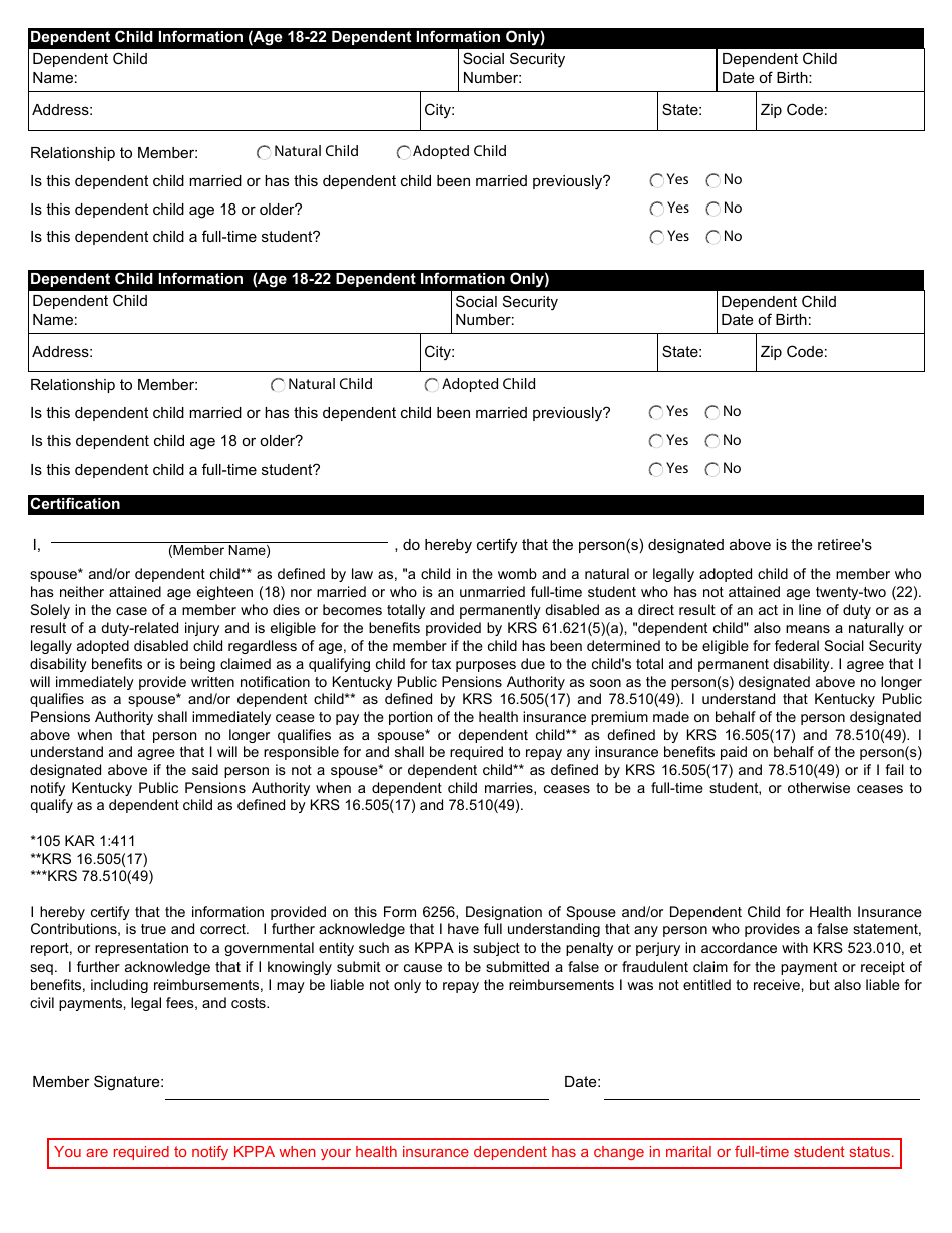 Form 6256 Designation of Spouse and / or Dependent Child for Health Insurance Contributions - Kentucky, Page 2