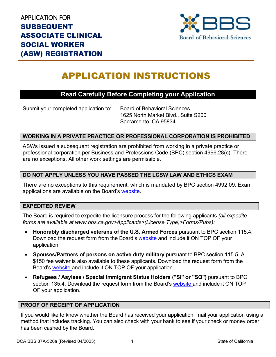 Form DCA BBS37A-520A Application for Subsequent Associate Clinical Social Worker (Asw) Registration - California, Page 1