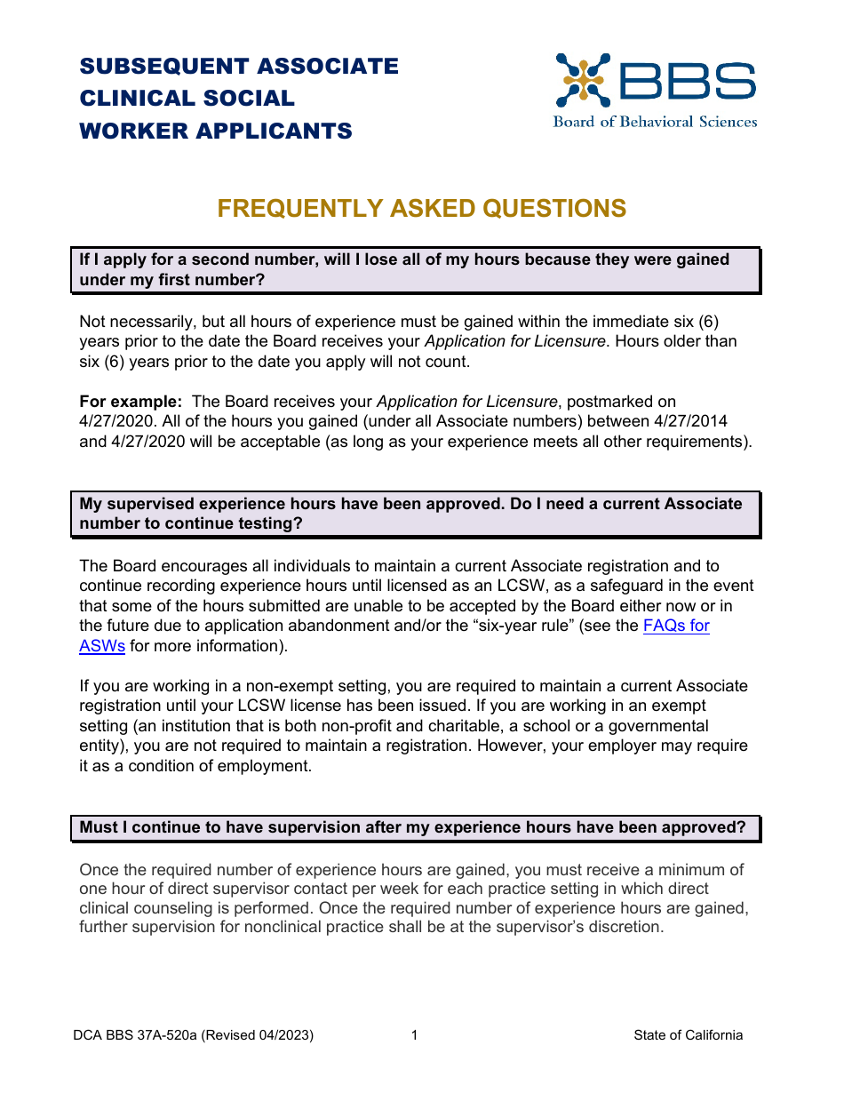 Form DCA BBS37A-520A Application for Subsequent Associate Clinical Social Worker (Asw) Registration - California, Page 5