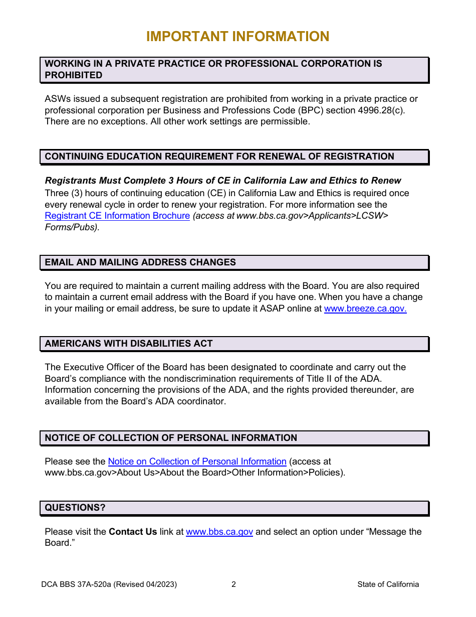 Form DCA BBS37A-520A Application for Subsequent Associate Clinical Social Worker (Asw) Registration - California, Page 6