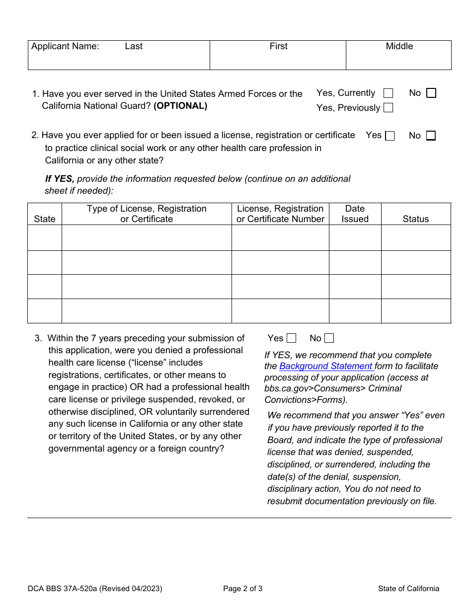 Form DCA BBS37A-520A Application for Subsequent Associate Clinical Social Worker (Asw) Registration - California, Page 8
