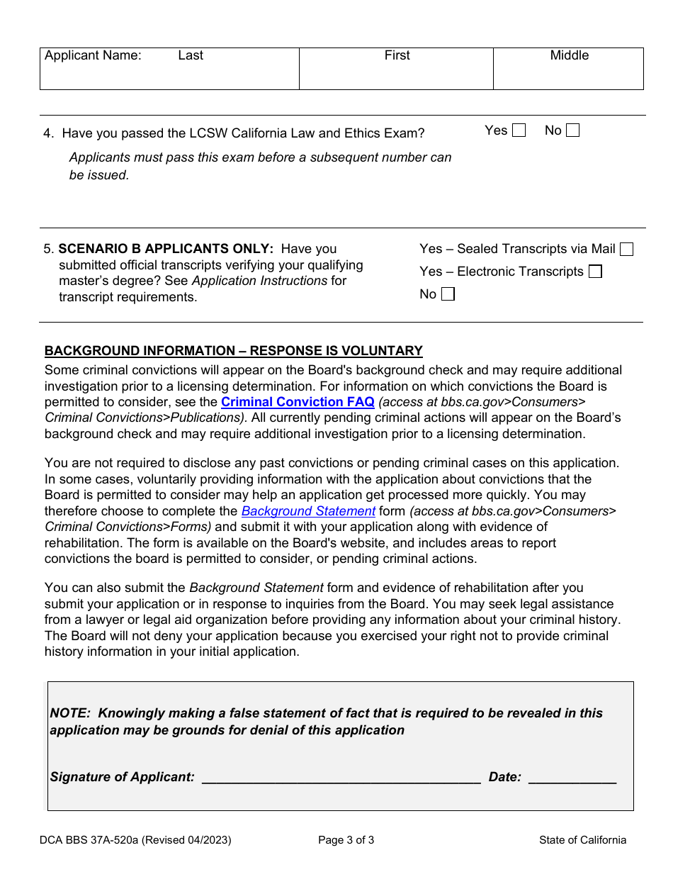 Form DCA BBS37A-520A Application for Subsequent Associate Clinical Social Worker (Asw) Registration - California, Page 9