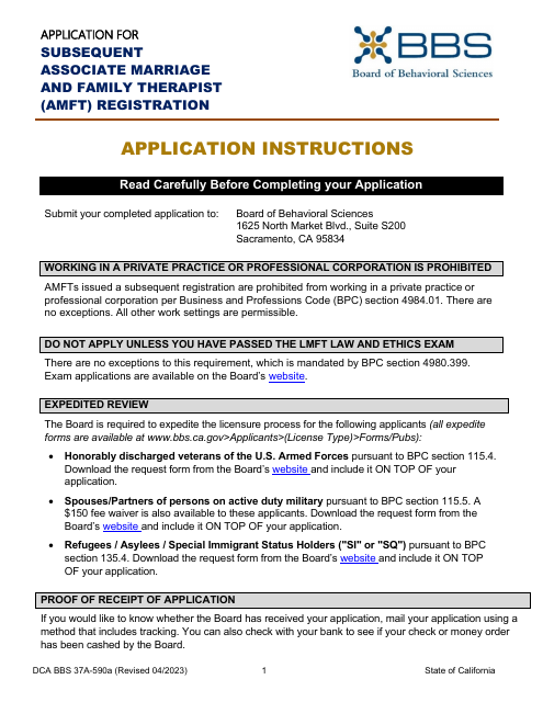 Form DCA BBS37A-590A Application for Subsequent Associate Marriage and Family Therapist (Amft) Registration - California