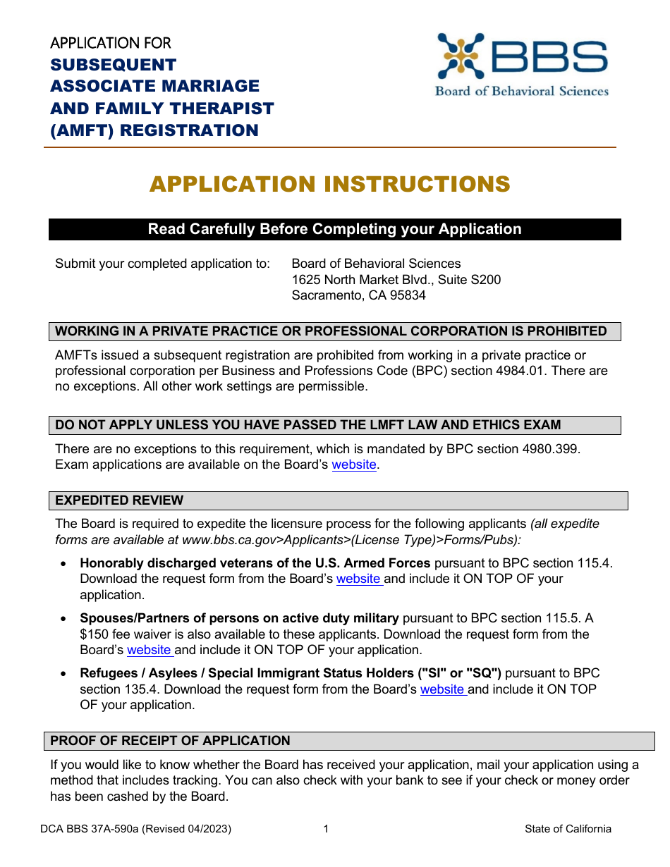 Form DCA BBS37A-590A Application for Subsequent Associate Marriage and Family Therapist (Amft) Registration - California, Page 1