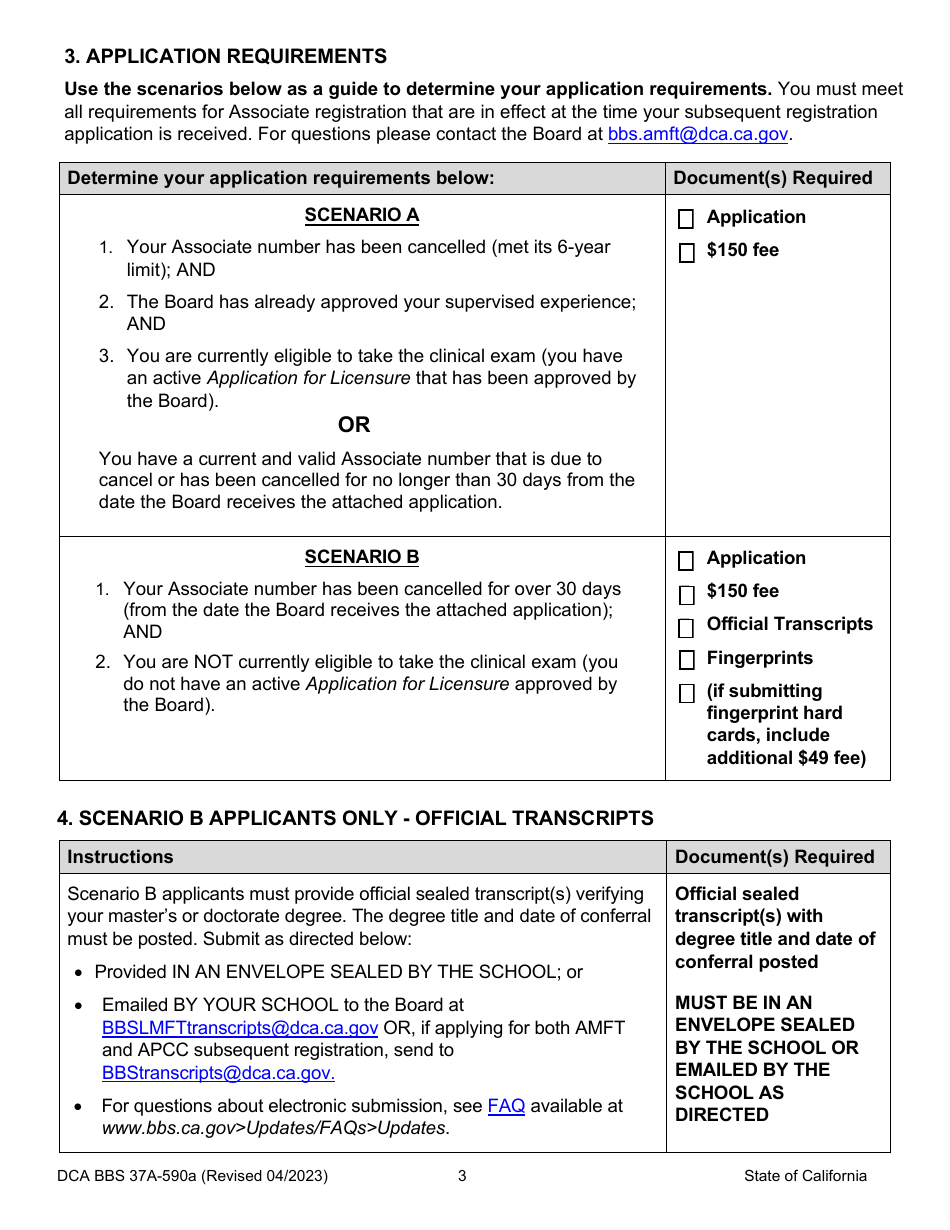 Form DCA BBS37A-590A Application for Subsequent Associate Marriage and Family Therapist (Amft) Registration - California, Page 3