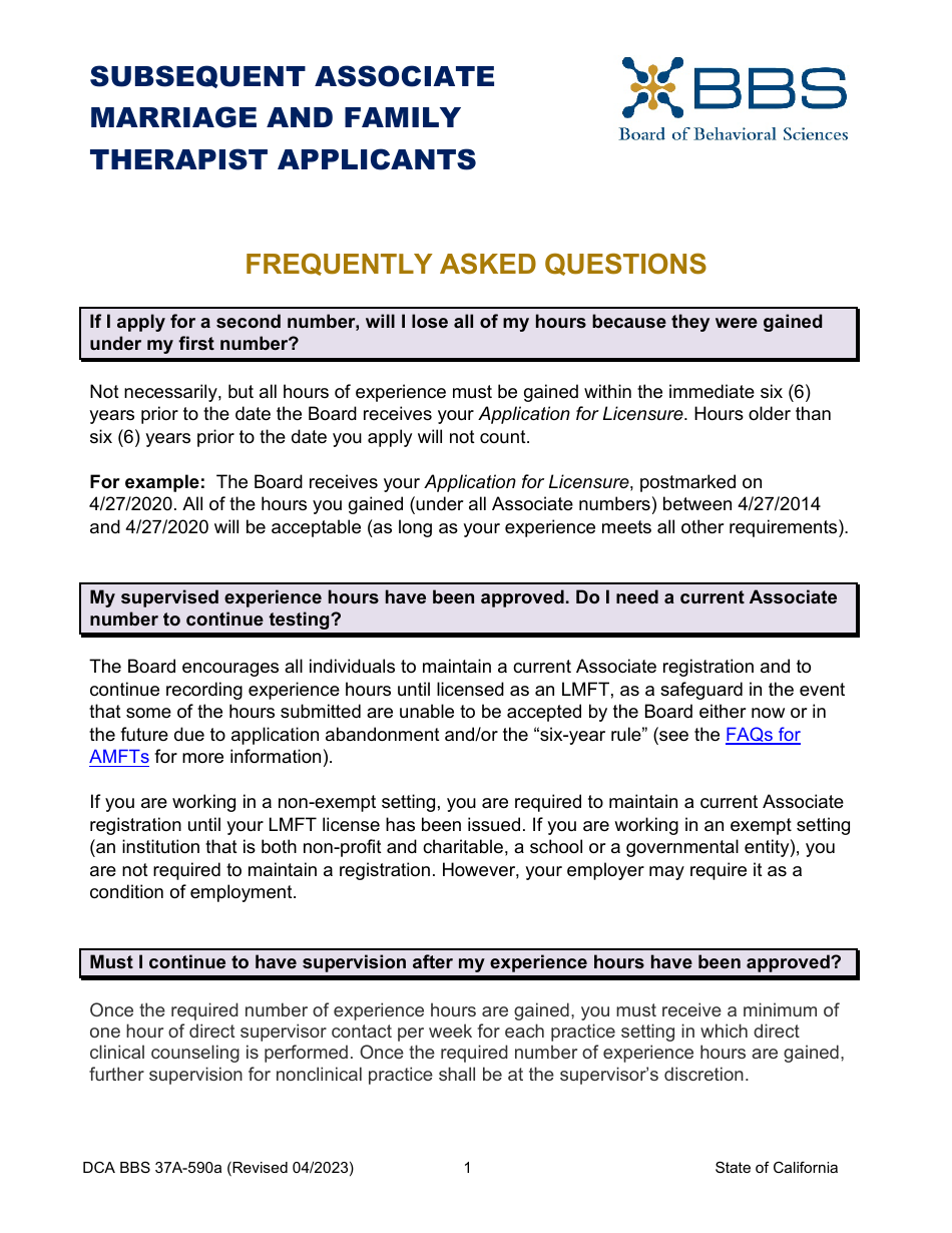 Form DCA BBS37A-590A Application for Subsequent Associate Marriage and Family Therapist (Amft) Registration - California, Page 5
