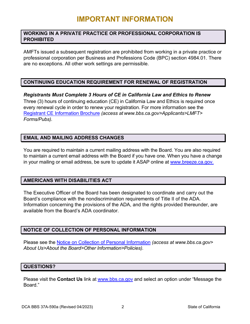 Form DCA BBS37A-590A Application for Subsequent Associate Marriage and Family Therapist (Amft) Registration - California, Page 6