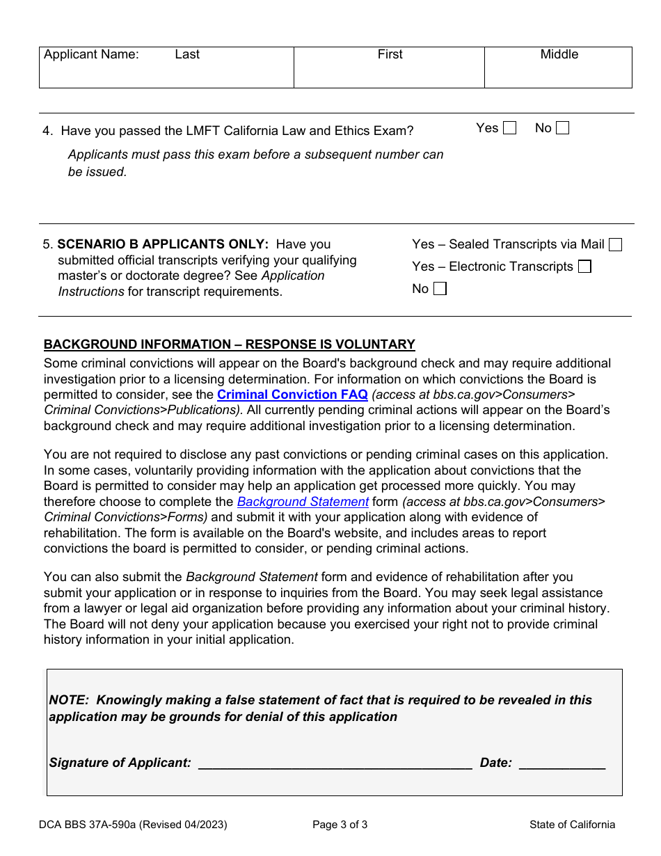 Form DCA BBS37A-590A Application for Subsequent Associate Marriage and Family Therapist (Amft) Registration - California, Page 9