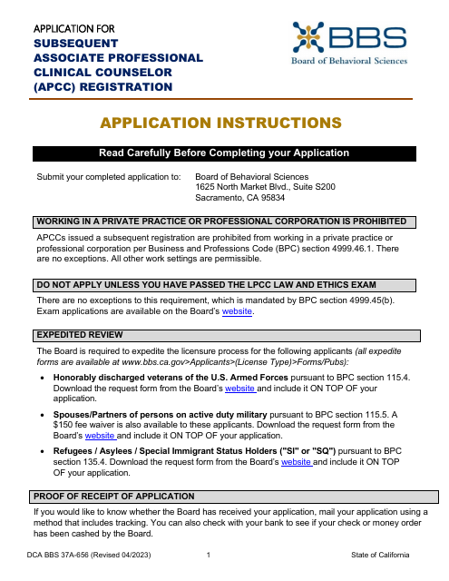 Form DCA BBS37A-656 Application for Subsequent Associate Professional Clinical Counselor (Apcc) Registration - California