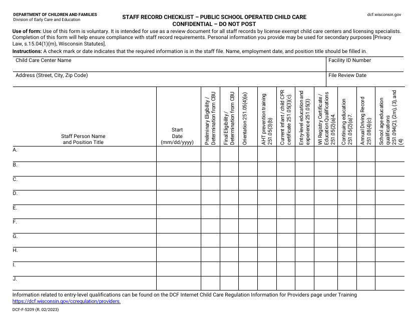 Form DCF-F-5209 Staff Record Checklist - Public School Operated Child Care - Wisconsin