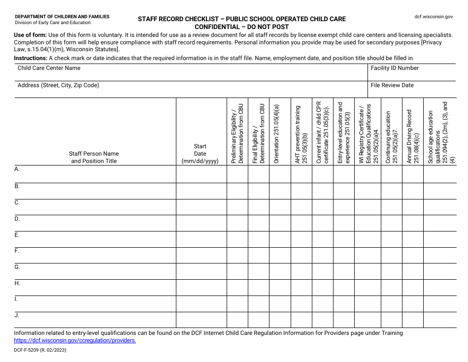 Form DCF-F-5209 Staff Record Checklist - Public School Operated Child Care - Wisconsin, Page 1