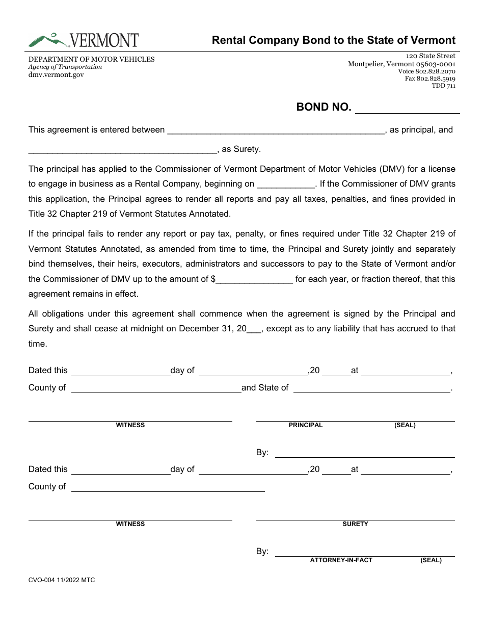 Form CVO-004 Rental Company Bond to the State of Vermont - Vermont, Page 1