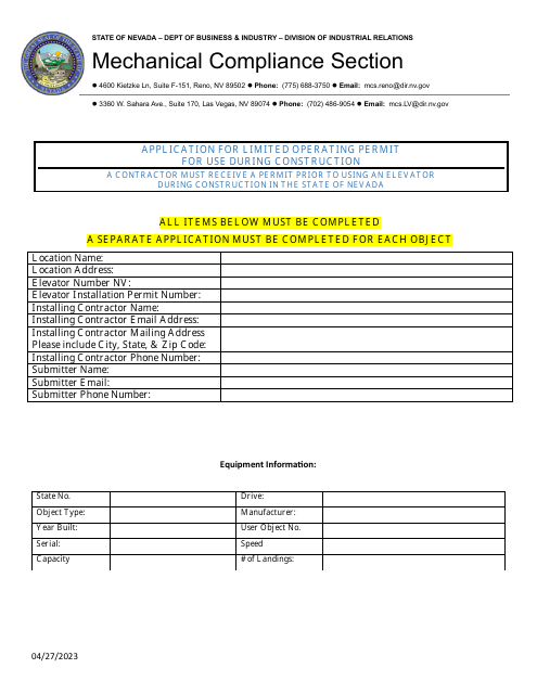 Application for Limited Operating Permit for Use During Construction - Nevada Download Pdf