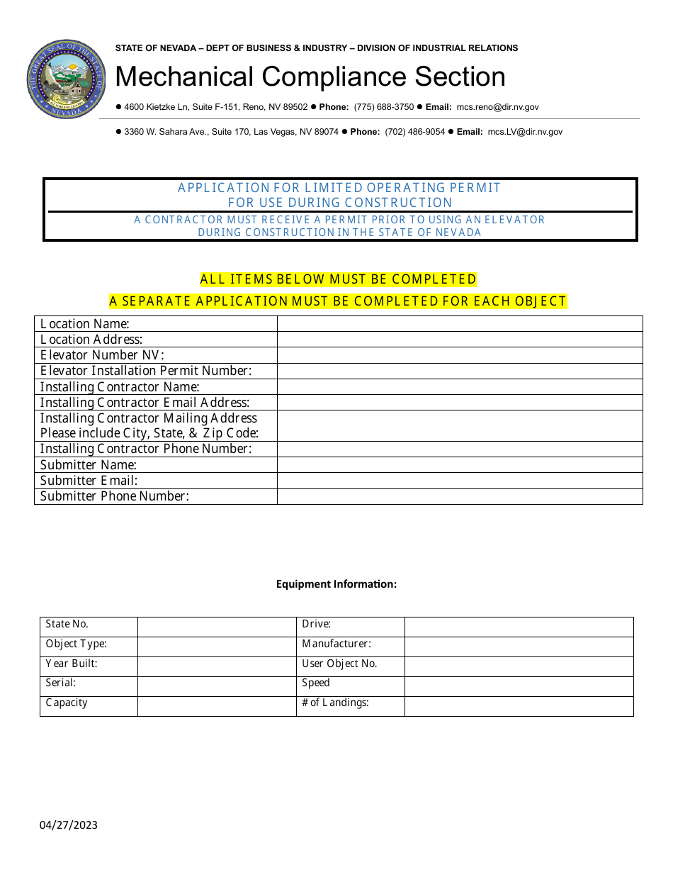 Application for Limited Operating Permit for Use During Construction - Nevada, Page 1