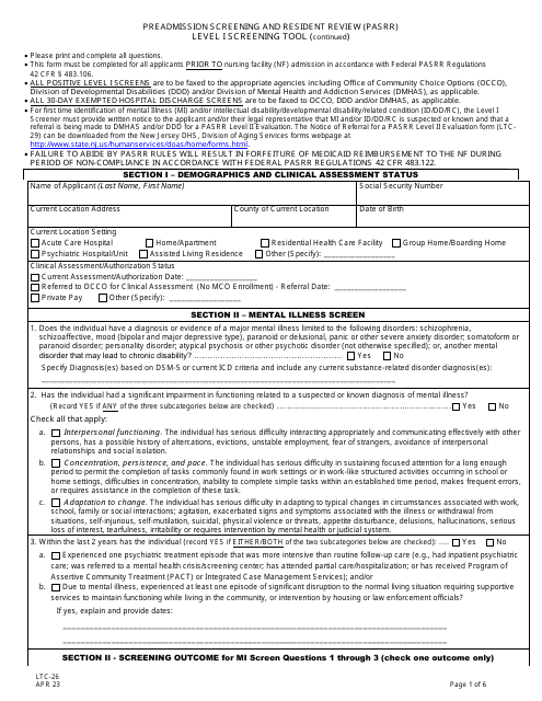 Form LTC-26 Preadmission Screening and Resident Review (Pasrr) Level I Screening Tool - New Jersey