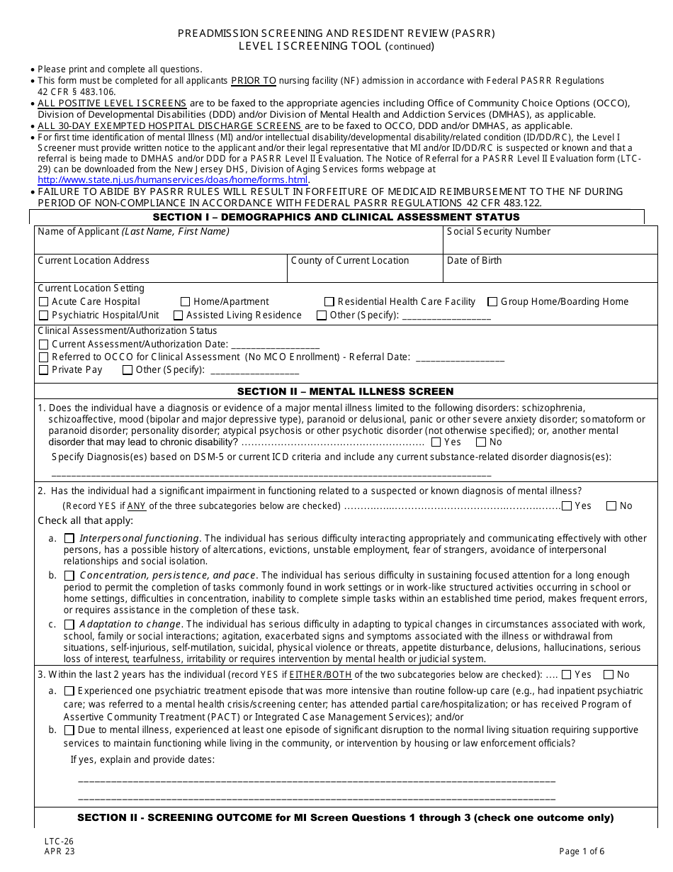Form LTC-26 Preadmission Screening and Resident Review (Pasrr) Level I Screening Tool - New Jersey, Page 1