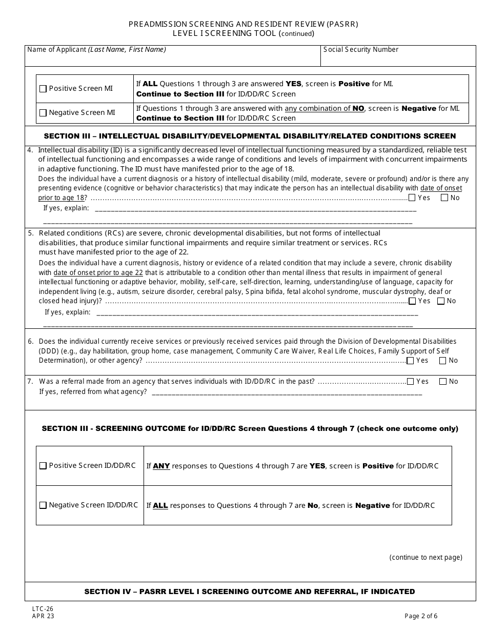 Form LTC-26 Download Printable PDF or Fill Online Preadmission ...