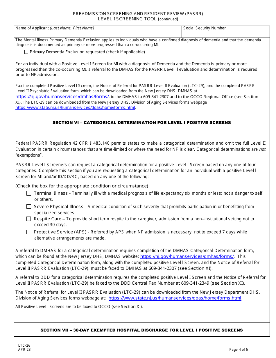 Form LTC-26 Preadmission Screening and Resident Review (Pasrr) Level I Screening Tool - New Jersey, Page 4