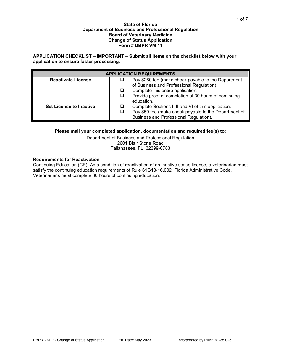 DBPR Form VM11 Change of Status Application - Florida, Page 1