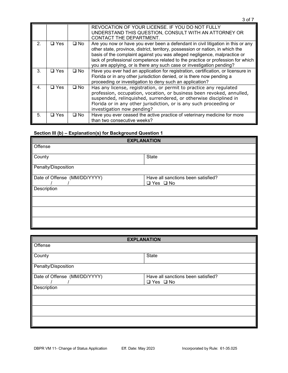 DBPR Form VM11 Change of Status Application - Florida, Page 3