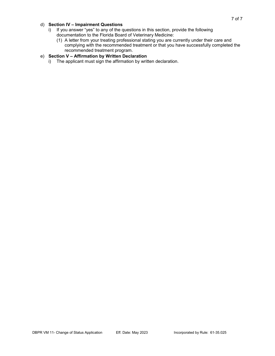 DBPR Form VM11 Change of Status Application - Florida, Page 7