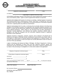 Document preview: Form MGCB-RAL-4043 Attachment D Acknowledgment, Agreement, Consent, and Release - Michigan