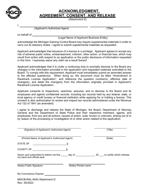 Form MGCB-RAL-4043 Attachment D Acknowledgment, Agreement, Consent, and Release - Michigan