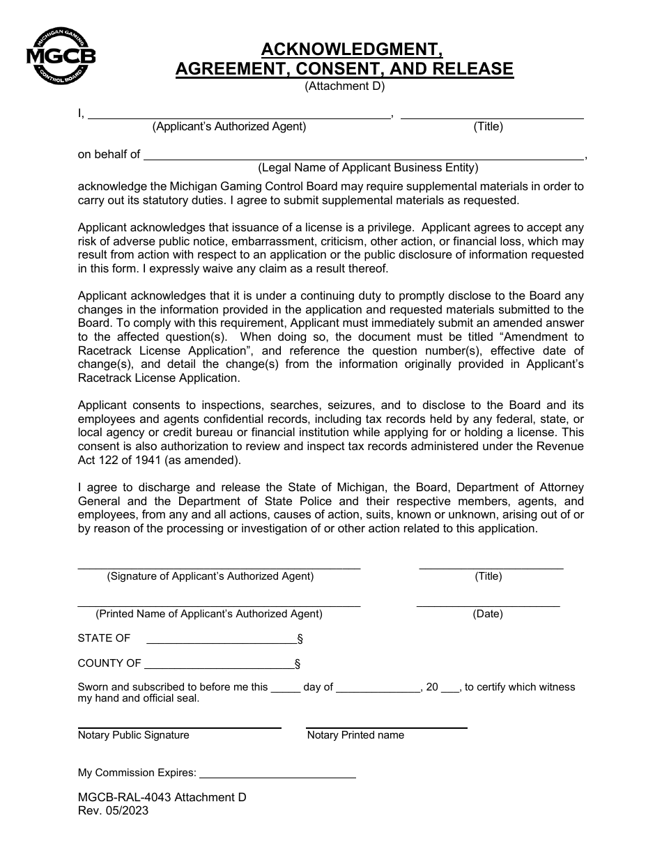 Form MGCB-RAL-4043 Attachment D Acknowledgment, Agreement, Consent, and Release - Michigan, Page 1