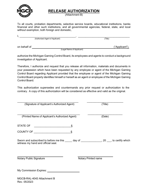 Form MGCB-RAL-4043 Attachment B Release Authorization - Michigan