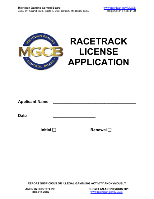 Form MGCB-RAL-4043 Racetrack License Application - Michigan