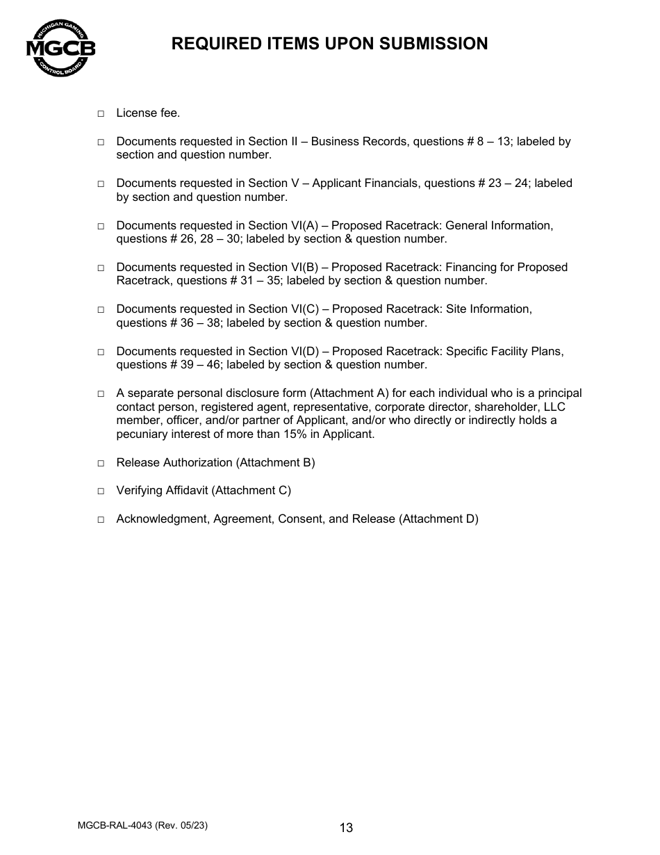 Form MGCB-RAL-4043 Racetrack License Application - Michigan, Page 13