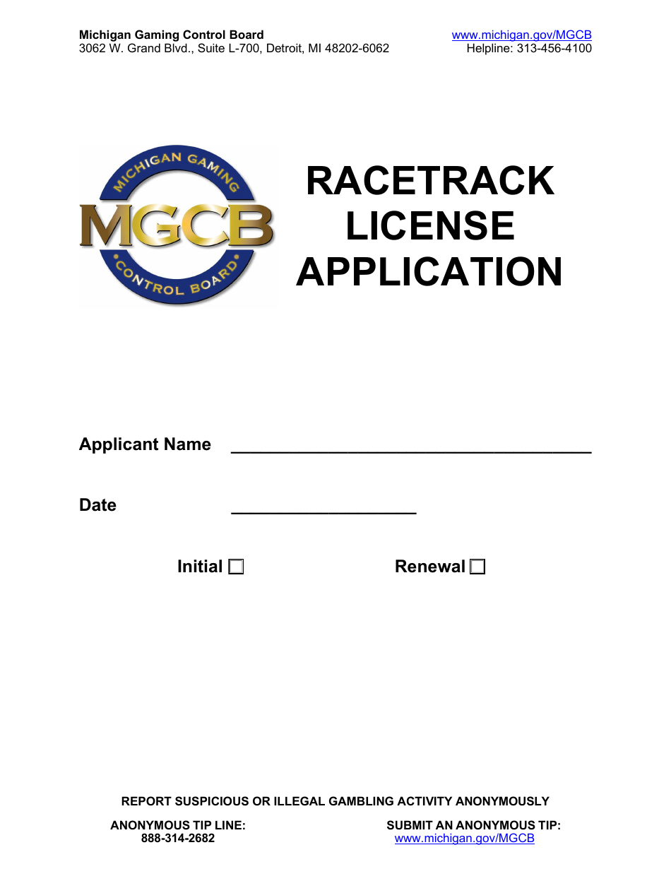 Form MGCB-RAL-4043 Racetrack License Application - Michigan, Page 1