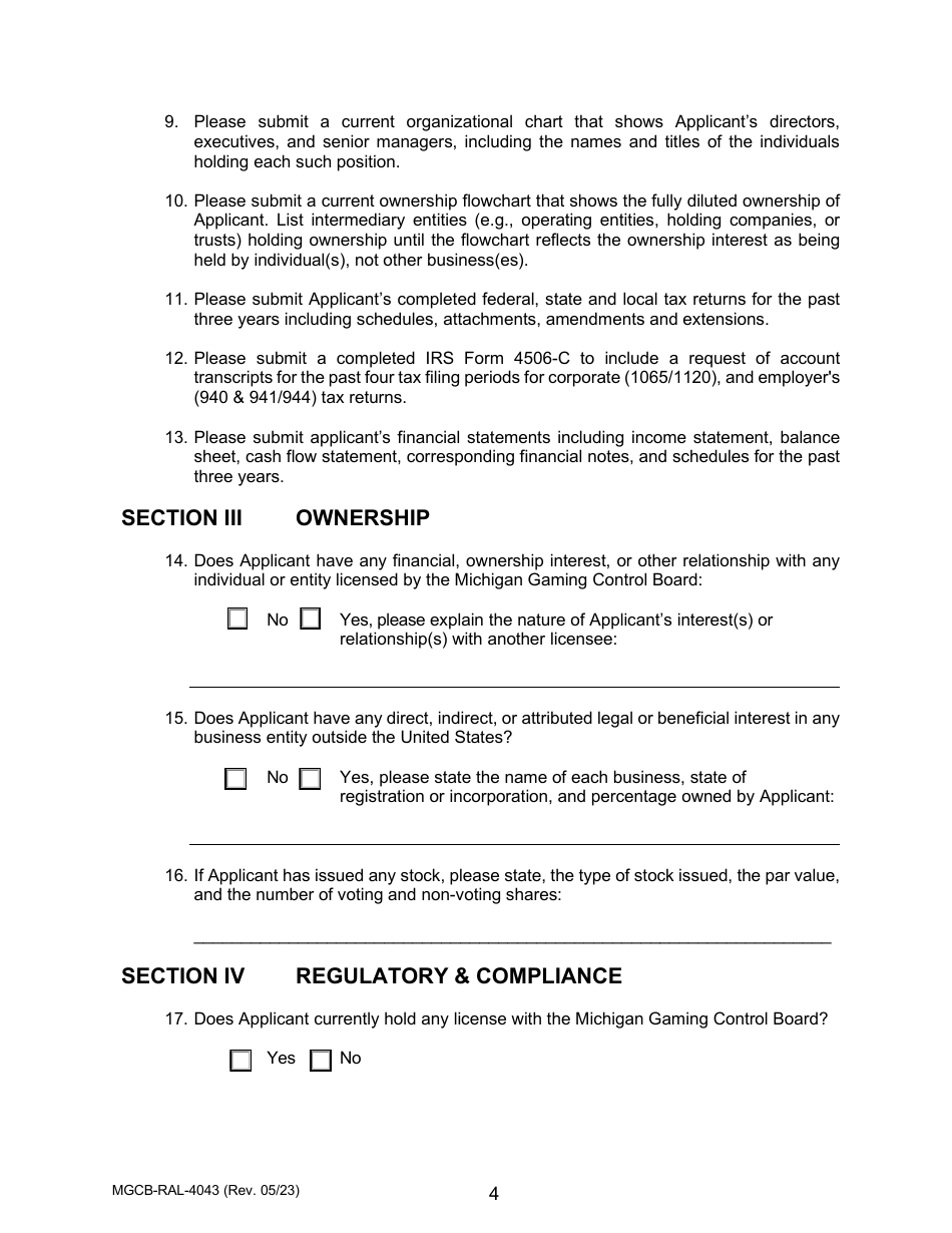 Form MGCB-RAL-4043 Racetrack License Application - Michigan, Page 4