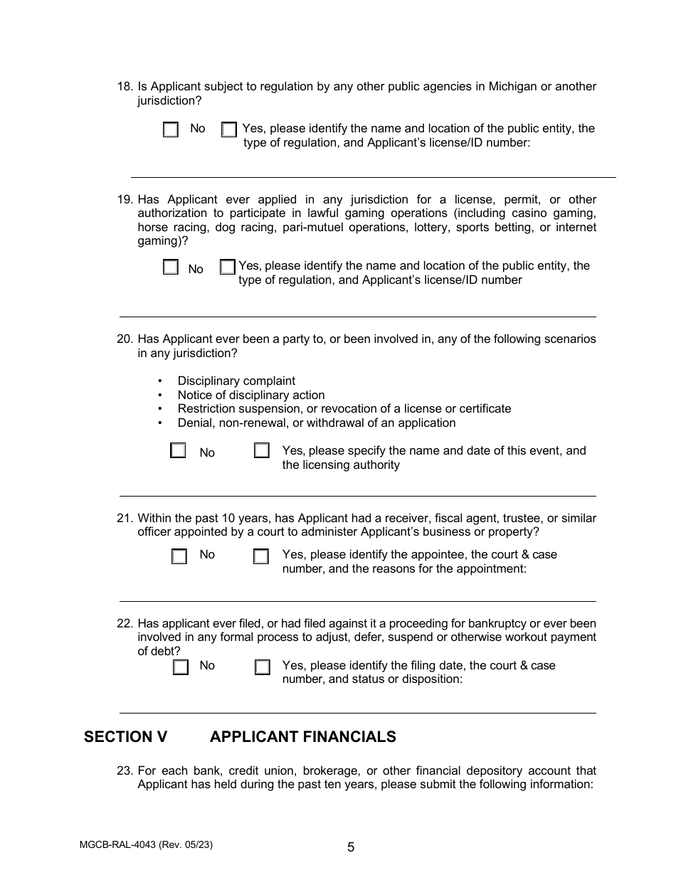 Form MGCB-RAL-4043 Racetrack License Application - Michigan, Page 5