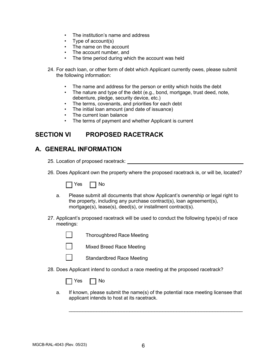 Form MGCB-RAL-4043 Racetrack License Application - Michigan, Page 6