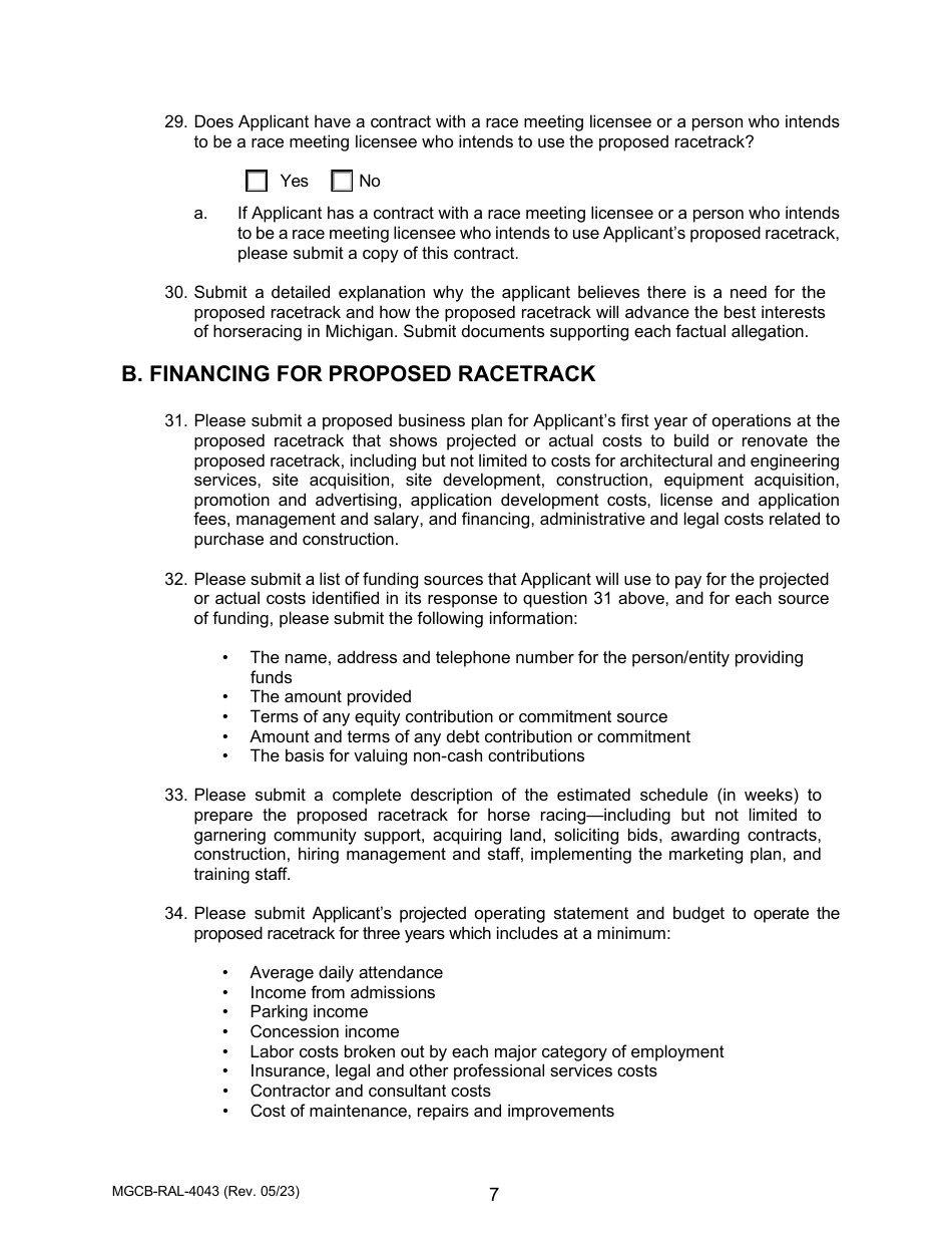 Form MGCB-RAL-4043 Racetrack License Application - Michigan, Page 7