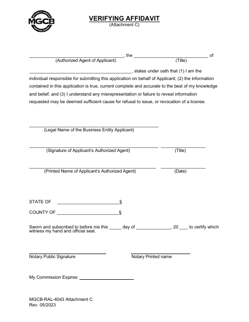 Form MGCB-RAL-4043 Attachment C Verifying Affidavit - Michigan