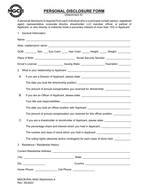 Form MGCB-RAL-4043 Attachment A Personal Disclosure Form - Michigan