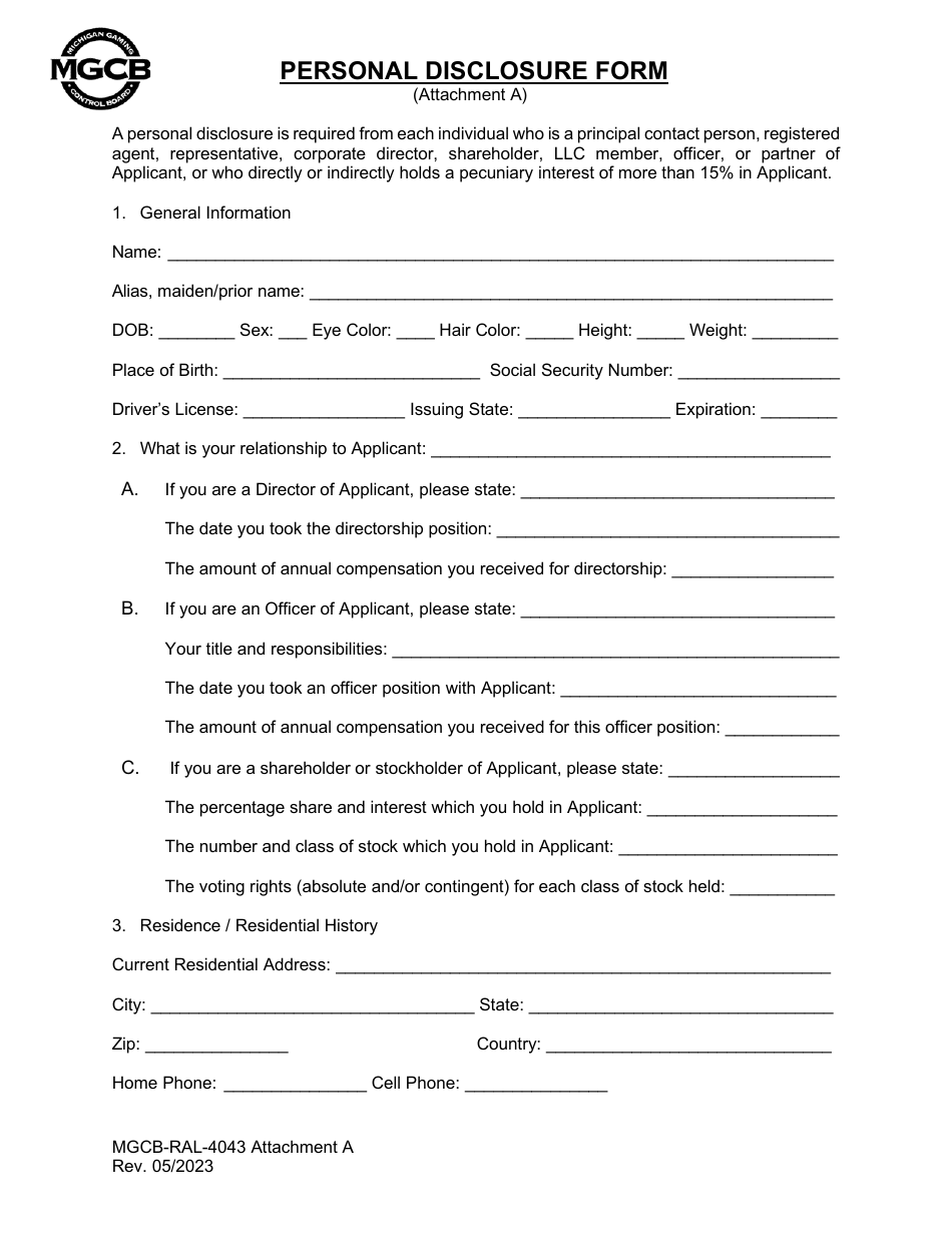 Form MGCB-RAL-4043 Attachment A Personal Disclosure Form - Michigan, Page 1