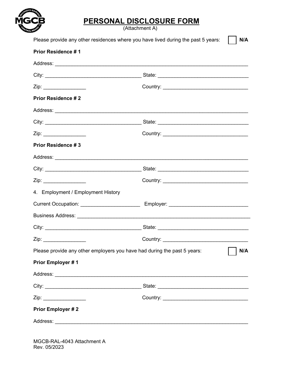 Form MGCB-RAL-4043 Attachment A Personal Disclosure Form - Michigan, Page 2
