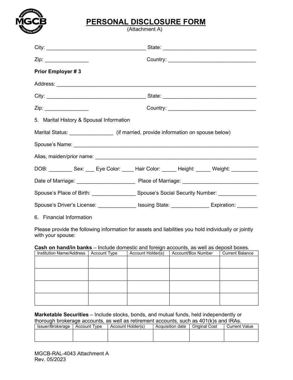 Form MGCB-RAL-4043 Attachment A Personal Disclosure Form - Michigan, Page 3